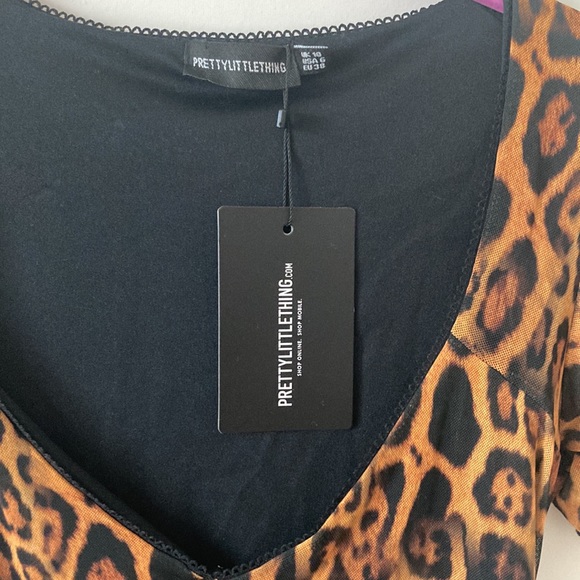 Pretty Little Thing Brown Leopard Print Exposed Stitch Detail Mesh Shift Dress - Picture 5 of 8